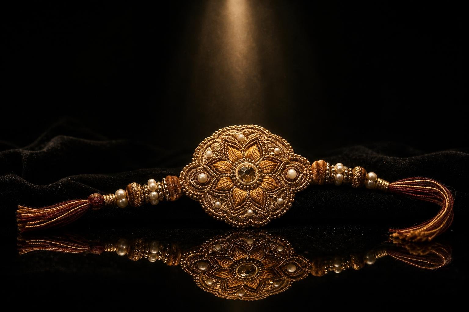 Handmade rakhi with fine threadwork lit by a single spotlight on black cloth